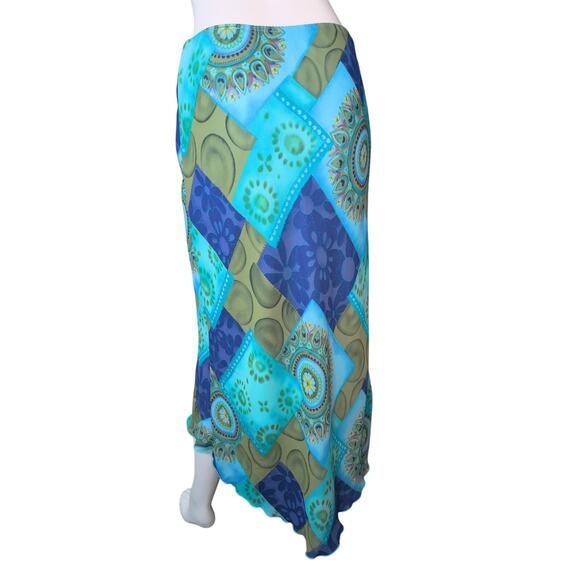 Boho Patchwork Print Midi Skirt Medium Chiffon Asymmetric 90 Y2K Hippie Festival - Picture 2 of 4